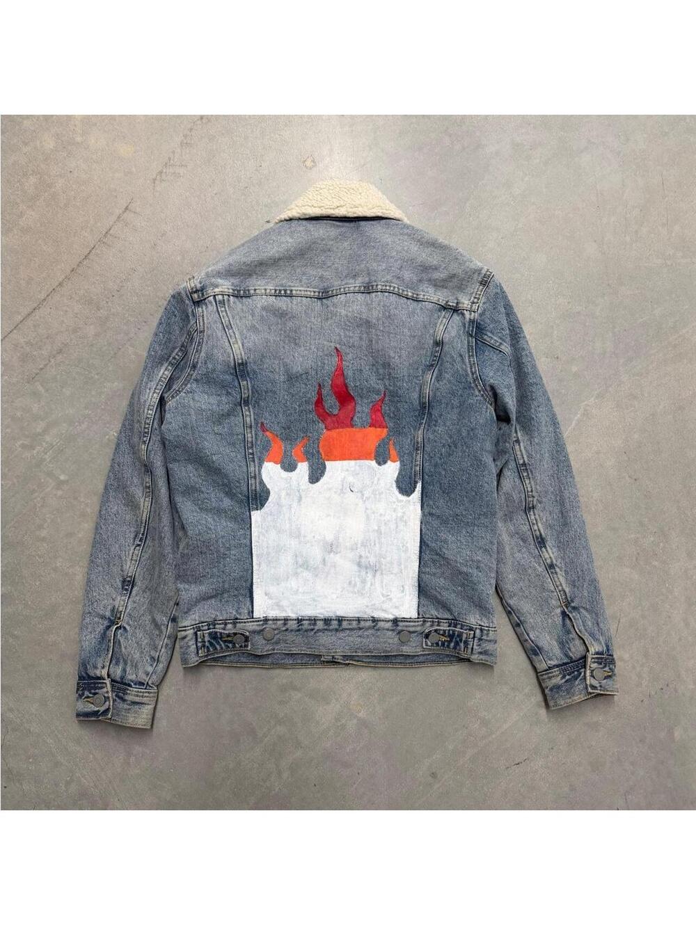 H&M Sherpa Lined Denim Jacket Custom Hand Painted Flames Women's Small